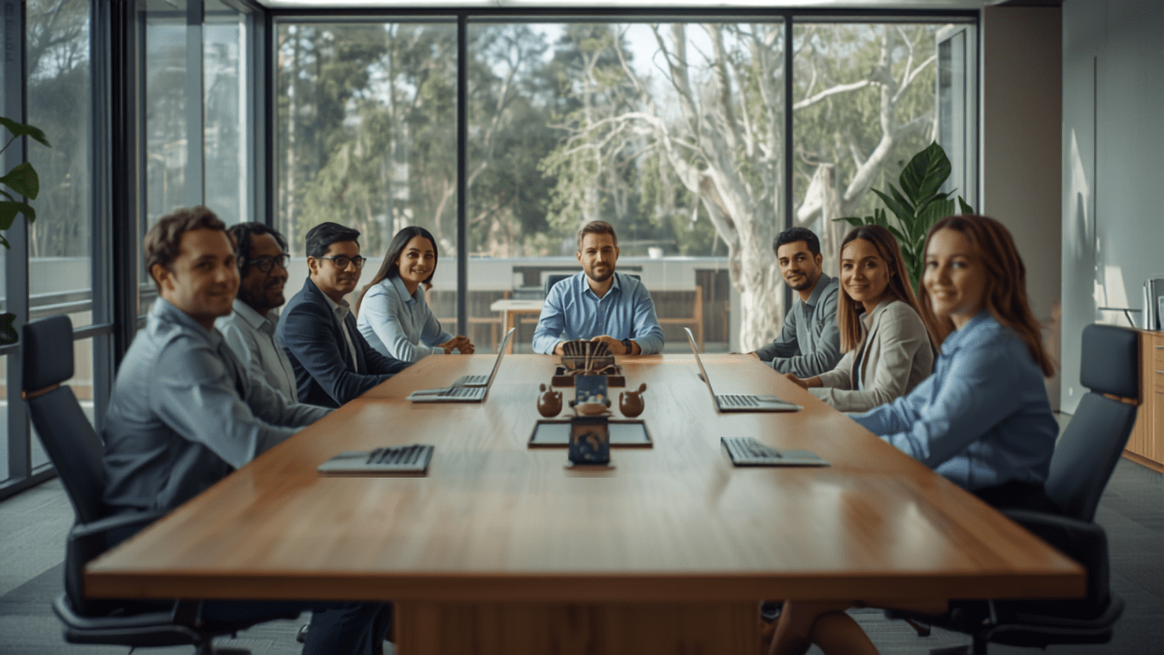 Leadership team meeting in a modern Australian boardroom, business resilience