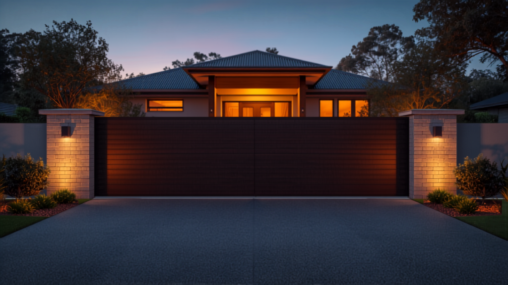 Upscale Australian home at dusk with a secure front gate, landscape lighting and CCTV, illustrating high-profile home security.