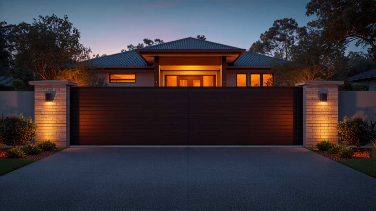 Upscale Australian home at dusk with a secure front gate, landscape lighting and CCTV, illustrating high-profile home security.