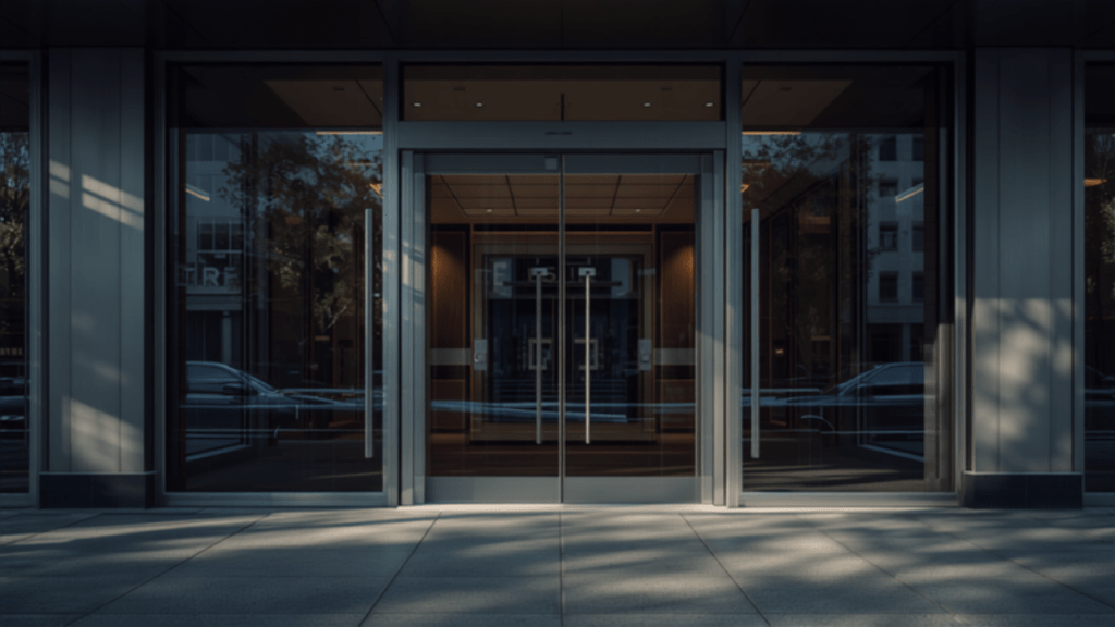 Entrance to a modern Australian commercial building, illustrating a building security assessment