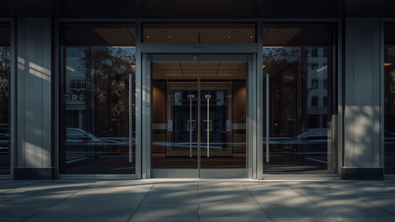 Entrance to a modern Australian commercial building, illustrating a building security assessment