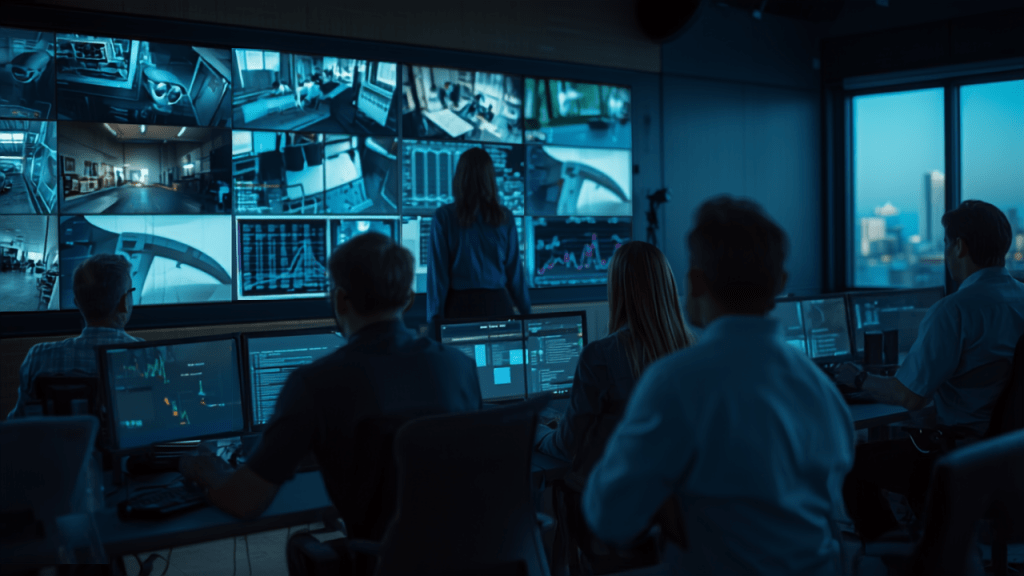 Security operations centre team monitoring CCTV and data screens, illustrating defence against the malicious use of AI