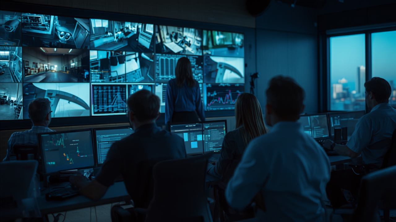 Security operations centre team monitoring CCTV and data screens, illustrating defence against the malicious use of AI