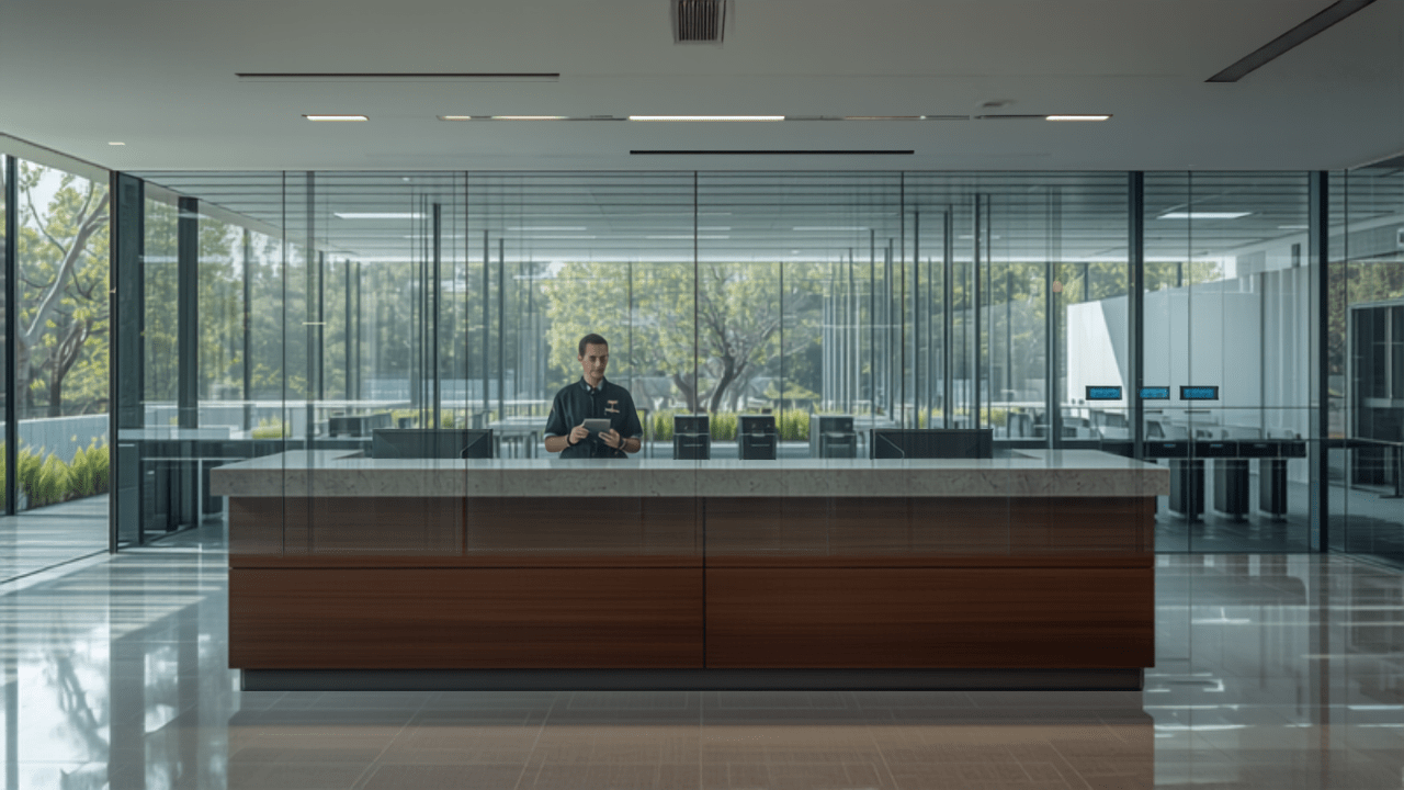 Reception and security control area at a secure Australian building, protective security
