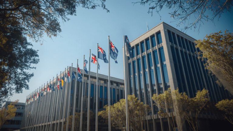 Modern Australian Government office precinct in Canberra, illustrating a PSPF maturity assessment
