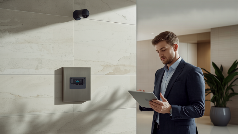 Auditor inspecting access control and CCTV during security audit procedures in an Australian building