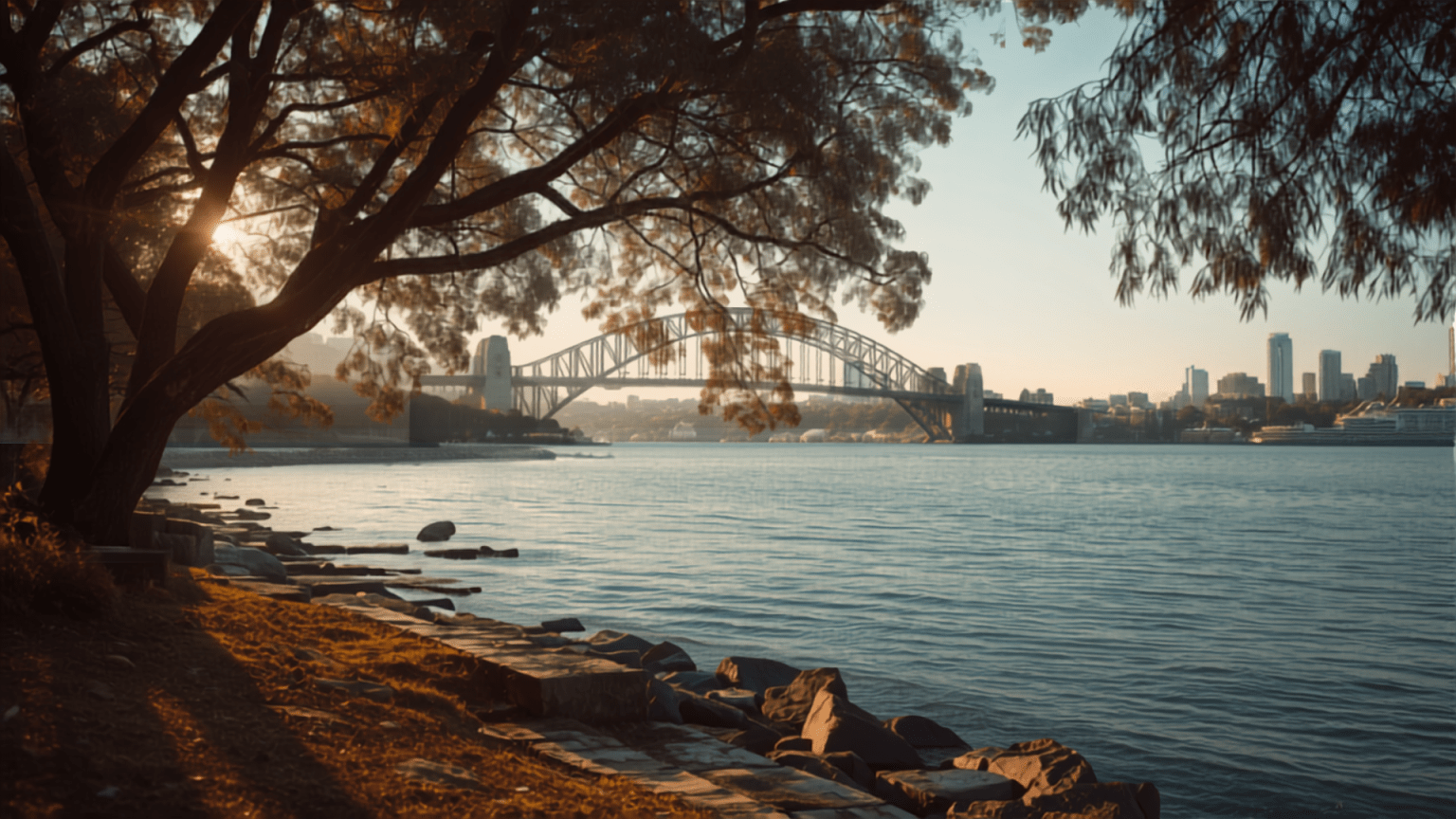 Sydney Harbour foreshore at dawn with the Sydney Harbour Bridge and the city skyline in the distance