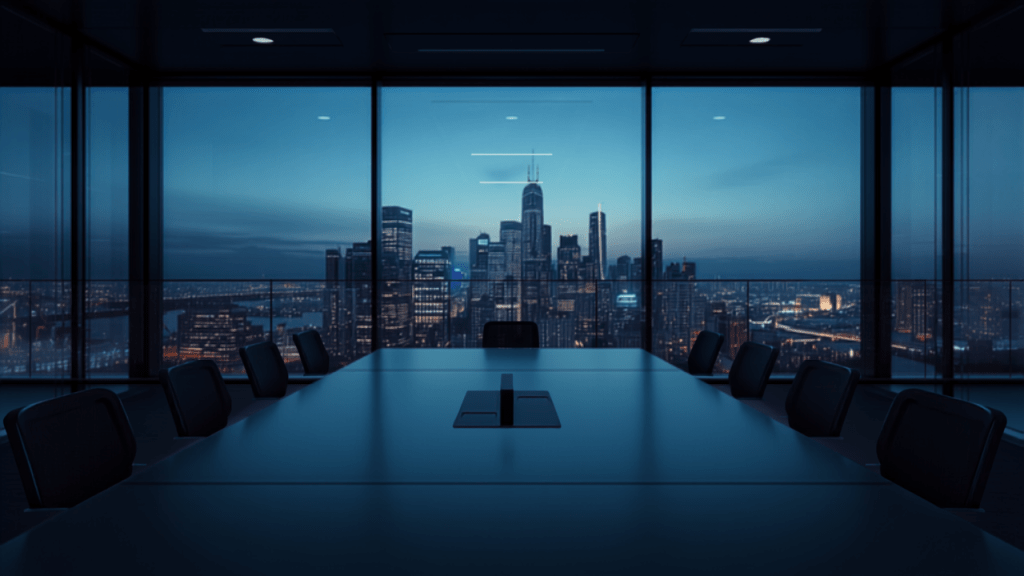 Corporate boardroom at dusk overlooking an Australian city skyline, representing a foreign investment security compliance review