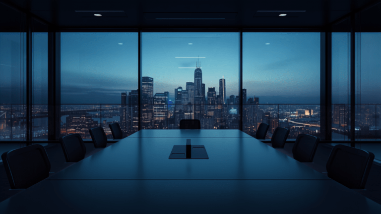 Corporate boardroom at dusk overlooking an Australian city skyline, representing a foreign investment security compliance review