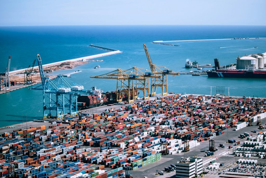 Aerial view of a commercial port container yard