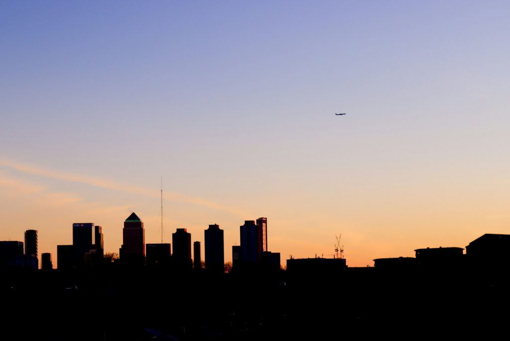 CBD office towers at dusk