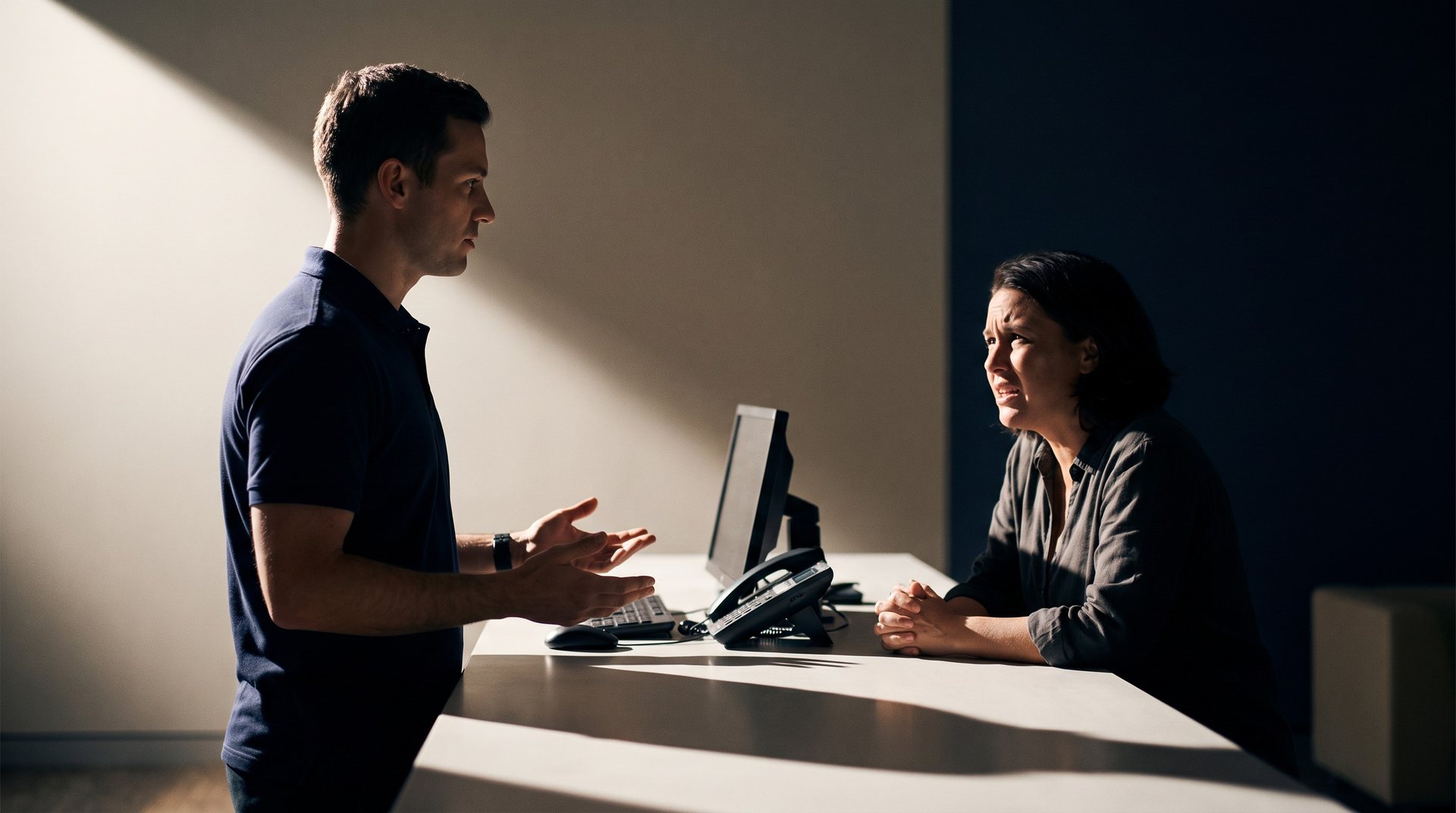Staff member de-escalating a difficult conversation at a customer service counter