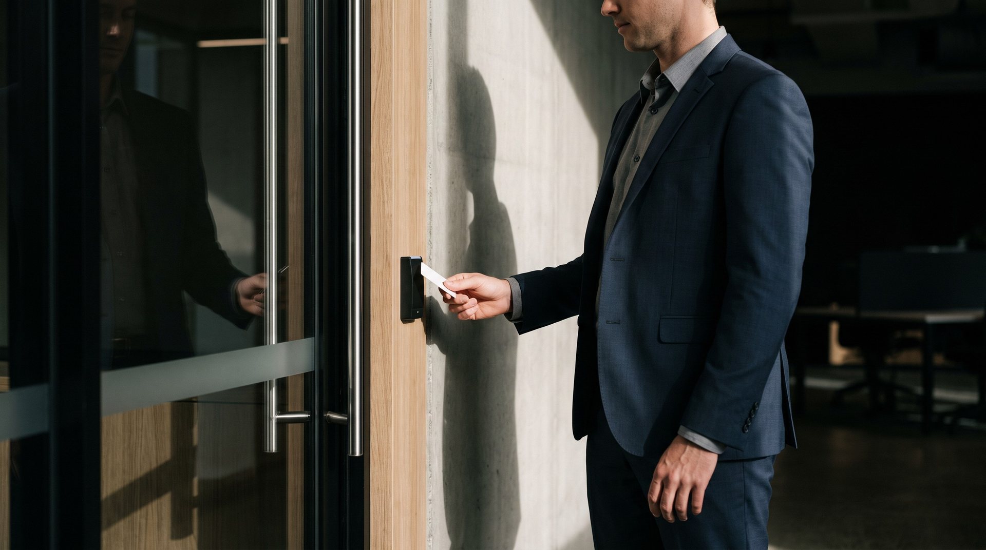 Employee using an access card at a secure office door, insider threat training