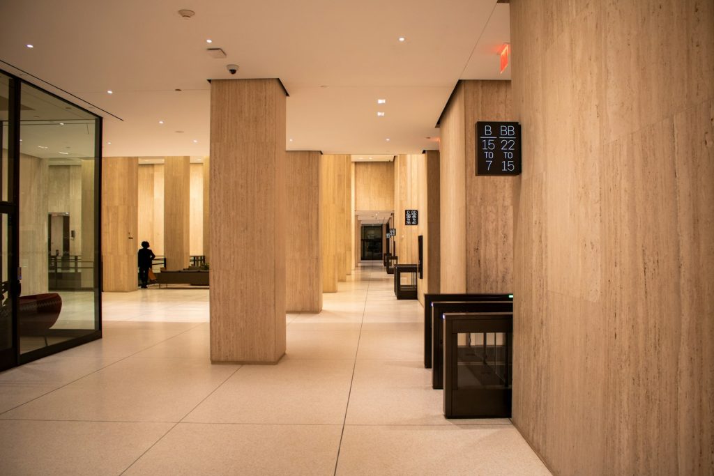 Office lobby with security gates