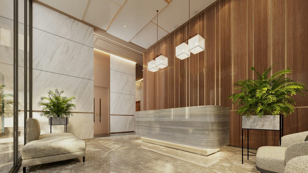 Office tower lobby reception desk