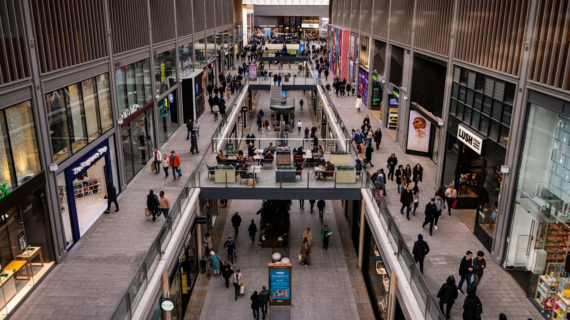 Busy shopping centre concourse, a crowded place covered by situational awareness training